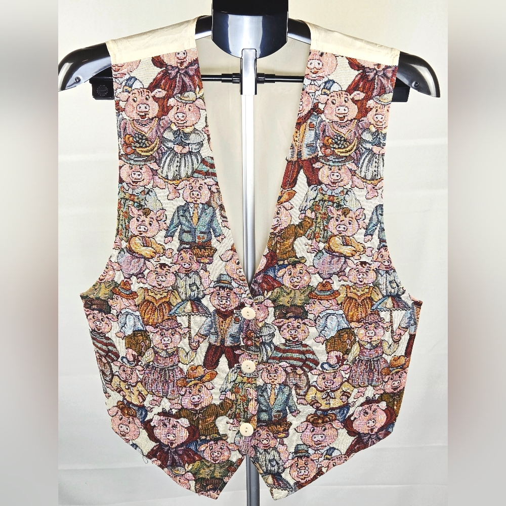 Vintage 90's‎ Facets Pigs Folk Art To Wear Tapestry Vest, Large